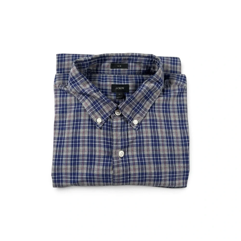 J.Crew Slim Fit Plaid Button Down Shirt Mens XL Blue Grey Long Sleeve Cotton